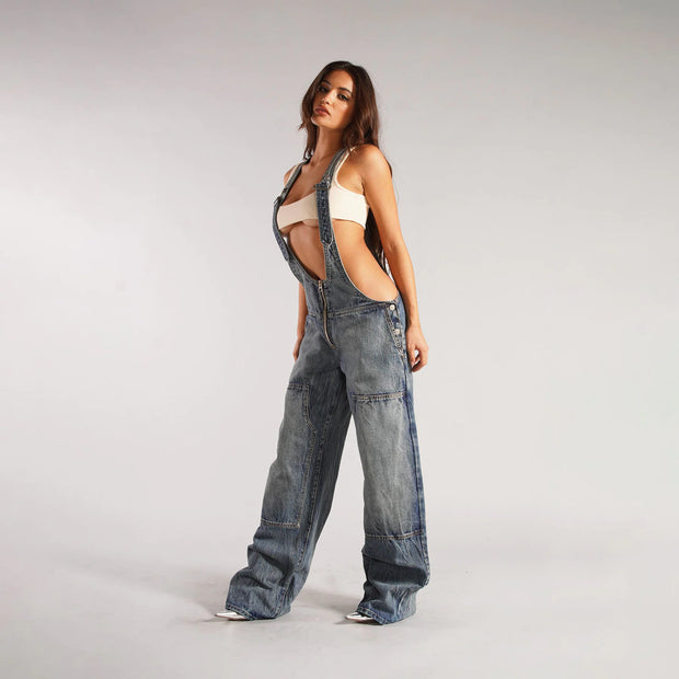 Olivia Plunge Overalls |Oversized Fit Denim