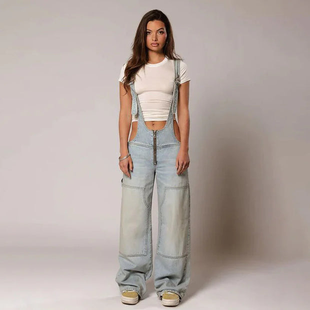 Olivia Plunge Overalls |Oversized Fit Denim